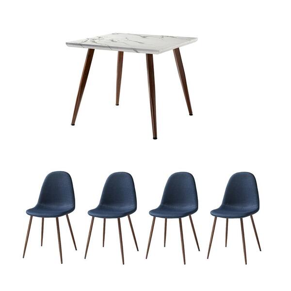 JAYDEN CREATION Ergani 5-Piece Dining Set with Square Marbling Table and Navy Chairs