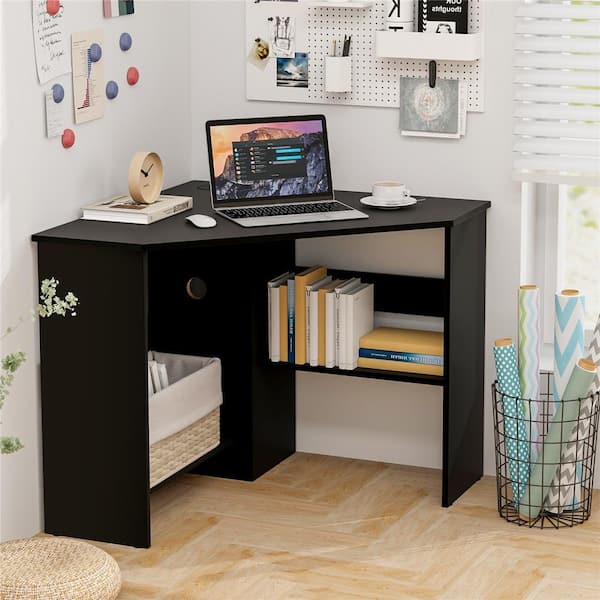 48 in. Corner Black Computer Desk Triangle Writing Workstation with Storage Shelf