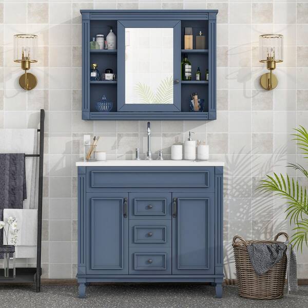 FAMYYT 36 in. W x 18 in. D x 34 in. H Single Sink Freestanding Bath Vanity in Blue with White Resin Top with Medicine Cabinet