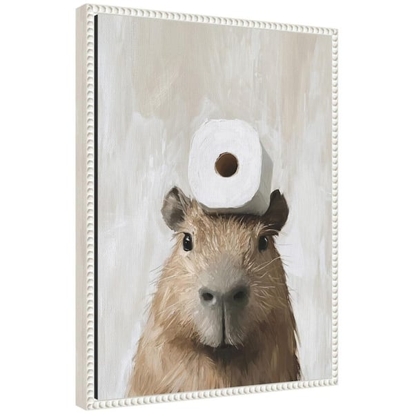 Sylvie "Cute Capybara Head Bathroom Art" by The Creative Bunch Studio Beaded White Framed Art Print 18 in. x 24 in.