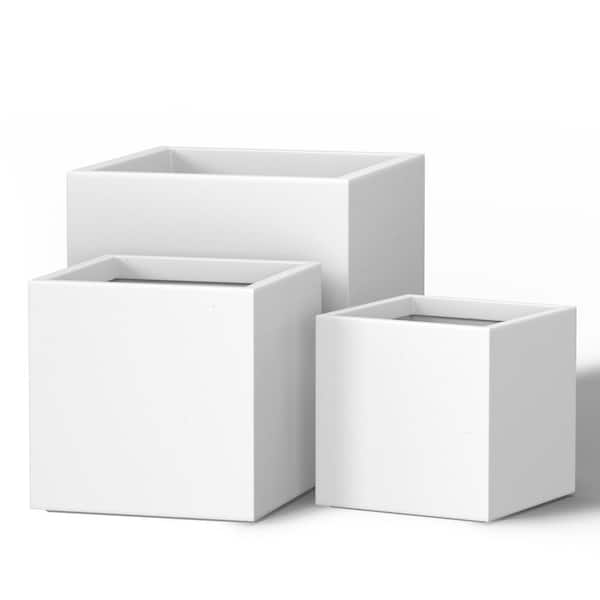 Modern 10 in., 12 in., 16 in. H Large Tall Crisp White Concrete Elongated Square Outdoor Planter Plant Pots (Set of 3)