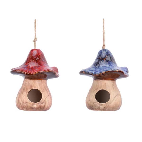 2-Piece 7 x 7 in. Ceramic Hanging Decorative Blue and Red Mushroom Birdhouses for Wild Birds Finch Cardinal Bluebird