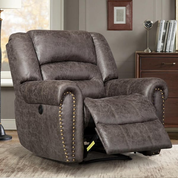 Bestier 40.5" W Oversize Gray Vegan Leather Manual Power Recliner with Nailhead Trim and USB Port