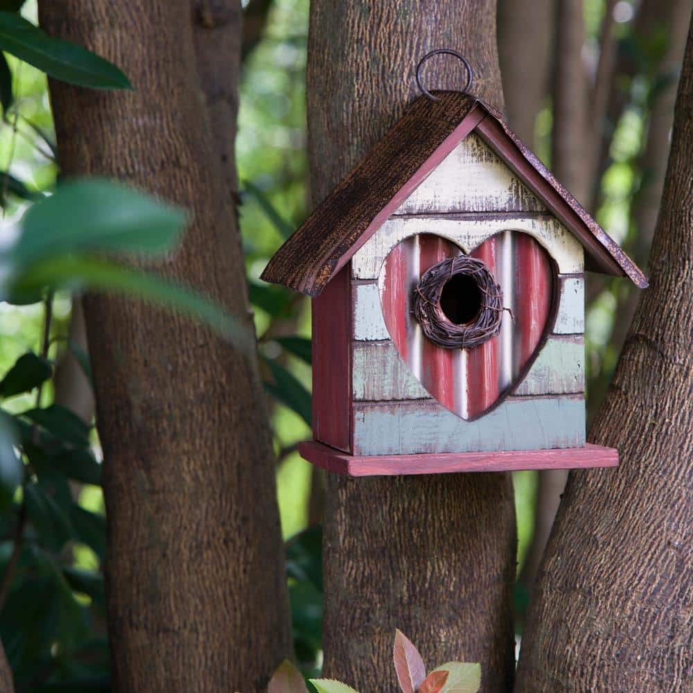 Glitzhome 8.75 in. H Distressed Solid Wood Birdhouse with Heart ...