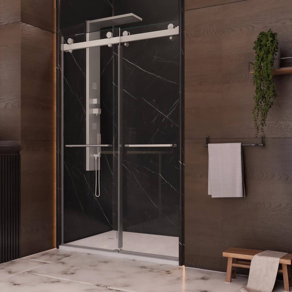 Luna 48'' Frameless Clear Glass Sliding Shower Door in Brushed Nickel