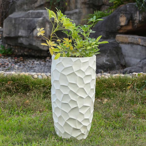 12 in. W x 22 in. H White Geometric Pattern Round Clay Decorative Pot