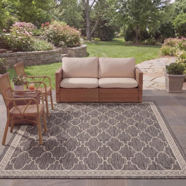Courtyard Black/Beige 8 ft. x 11 ft. Border Indoor/Outdoor Patio Area Rug