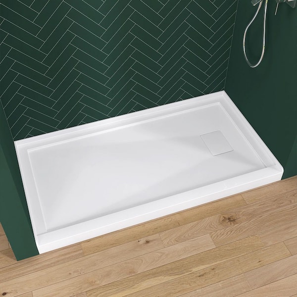 60 in. L x 32 in. W Alcove Single Threshold Acrylic Shower Pan Base with Right Drain and Cover Bathroom Tray in White