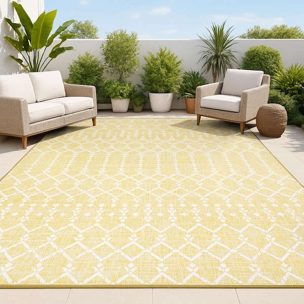 Yellow/Cream 8 ft. x 10 ft. Ourika Moroccan Geometric Textured Weave Indoor/Outdoor Area Rug