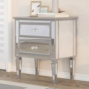 Elegant Silver Mirrored 2-Drawer 24 in. W Nightstand with Crystal-Shape Knob