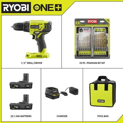 ONE+ 18V 1/2 in. Drill/Driver Kit with (2) 1.5 Ah Batteries, Charger, Bag, and 22-Piece Titanium Drill Bit Kit