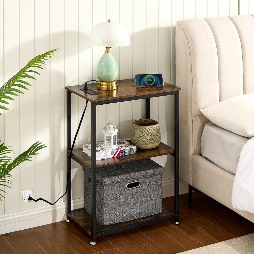3-Tier Gray Side Table Stable Open Shelves with Metal Frames, End table with Plug Sockets and USB Ports - thumbnail 6