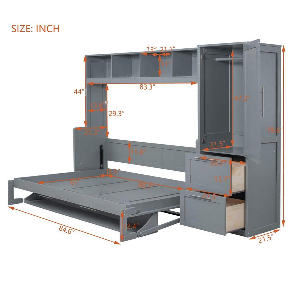 White Multifunctional Wood Frame Full Size Murphy Bed with Closet and Drawers - thumbnail 2