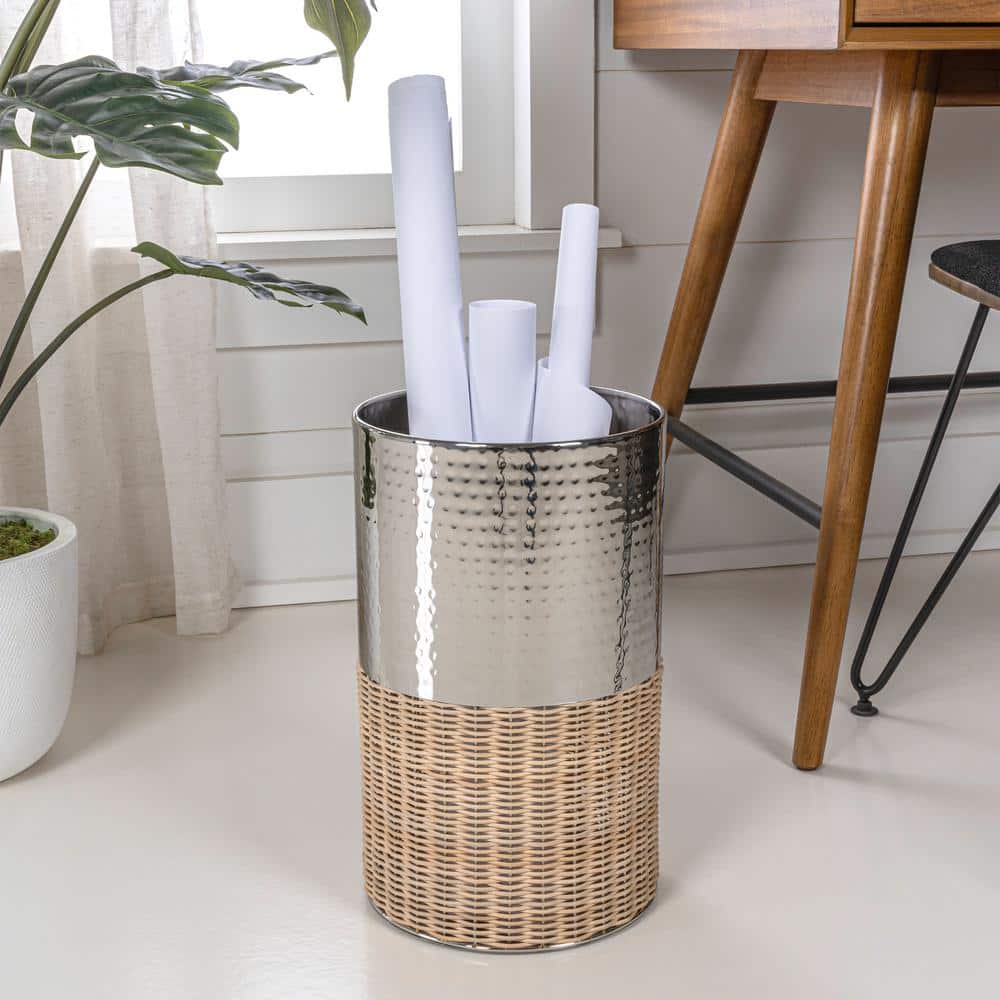 Asher Chrome and Natural Wicker Cylinder Waste Basket