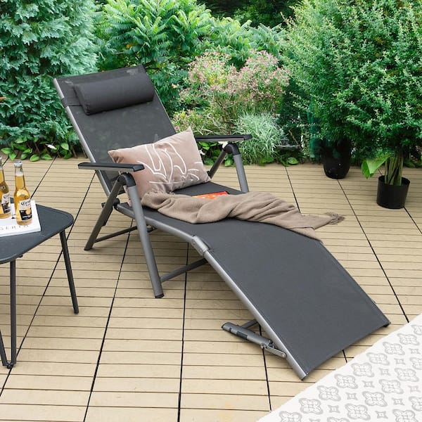 Patio Folding Aluminum Metal Outdoor Chaise Lounge Chair Adjustable Back Armrest Headrest