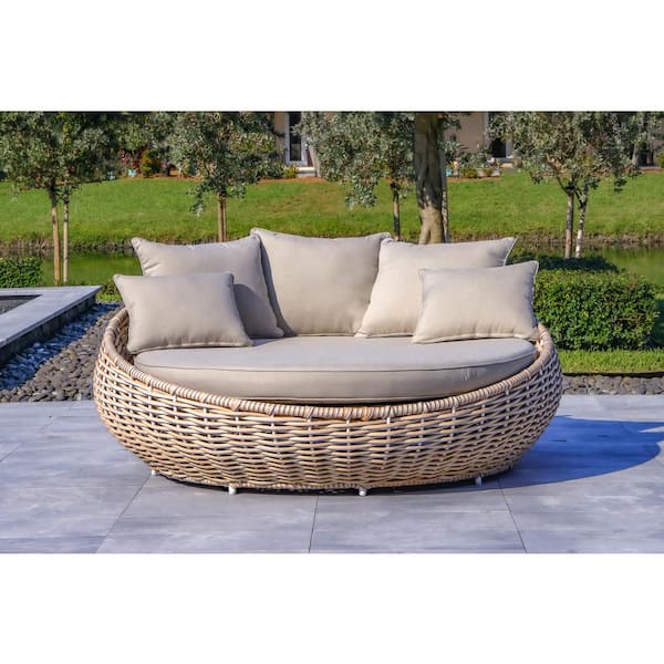 Outsy Anna White and Grey 1-Piece Wicker Aluminum Frame Outdoor Day Bed with Sunbrella Grey Cushions