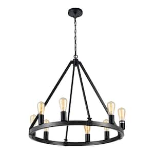 8-Light Black Farmhouse Candle Style Wagon Wheel Chandelier