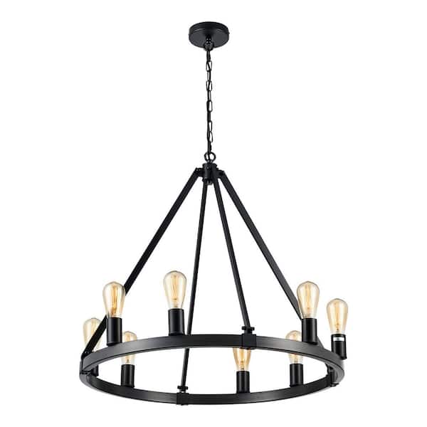 Merra 8-Light Black Farmhouse Candle Style Wagon Wheel Chandelier