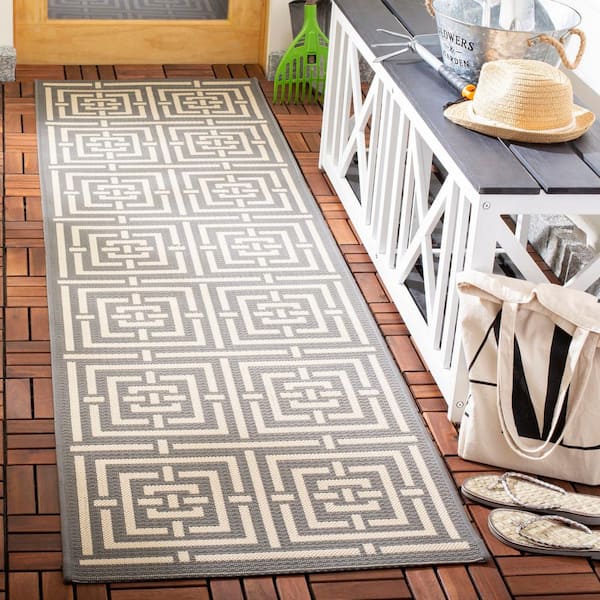 Courtyard Gray/Cream 2 ft. x 20 ft. Geometric Indoor/Outdoor Patio  Runner Rug