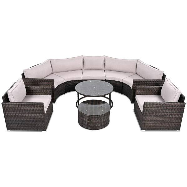 Brown 9-Piece Wicker Outdoor Sectional Set, Patio Half-moon
