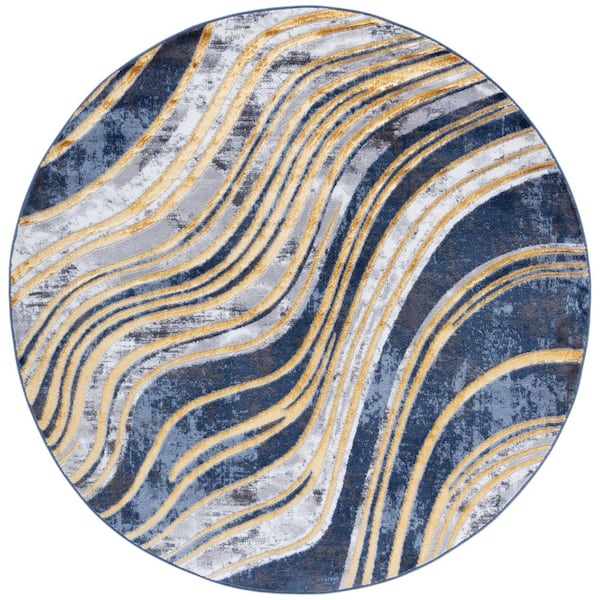 SAFAVIEH Amelia 700 7 ft. x 7 ft. Blue/Gold Abstract Round Rug ALA714M ...