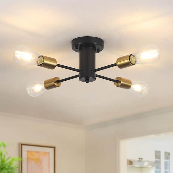 LWYTJO Theis 17.5 in. 4-Light Black/Gold Semi-Flush Mount Sputnik Chandelier Linear Ceiling Mount Light for Bedroom Room Dining