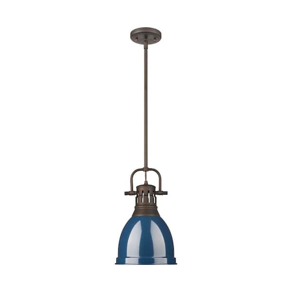 Golden Lighting Duncan 14.25 in. 1 Light Rubbed Bronze Pendant Light with Navy Blue Shade