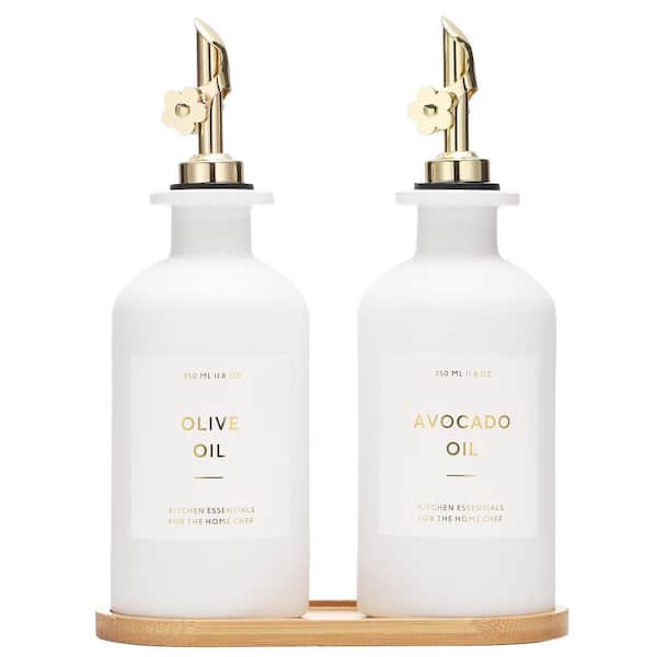 11.8 oz. White Glass kitchen Dispenser Bottle, Oil and Vinegar Cruet Set of 2, Leakproof Oil Containers for Cooking