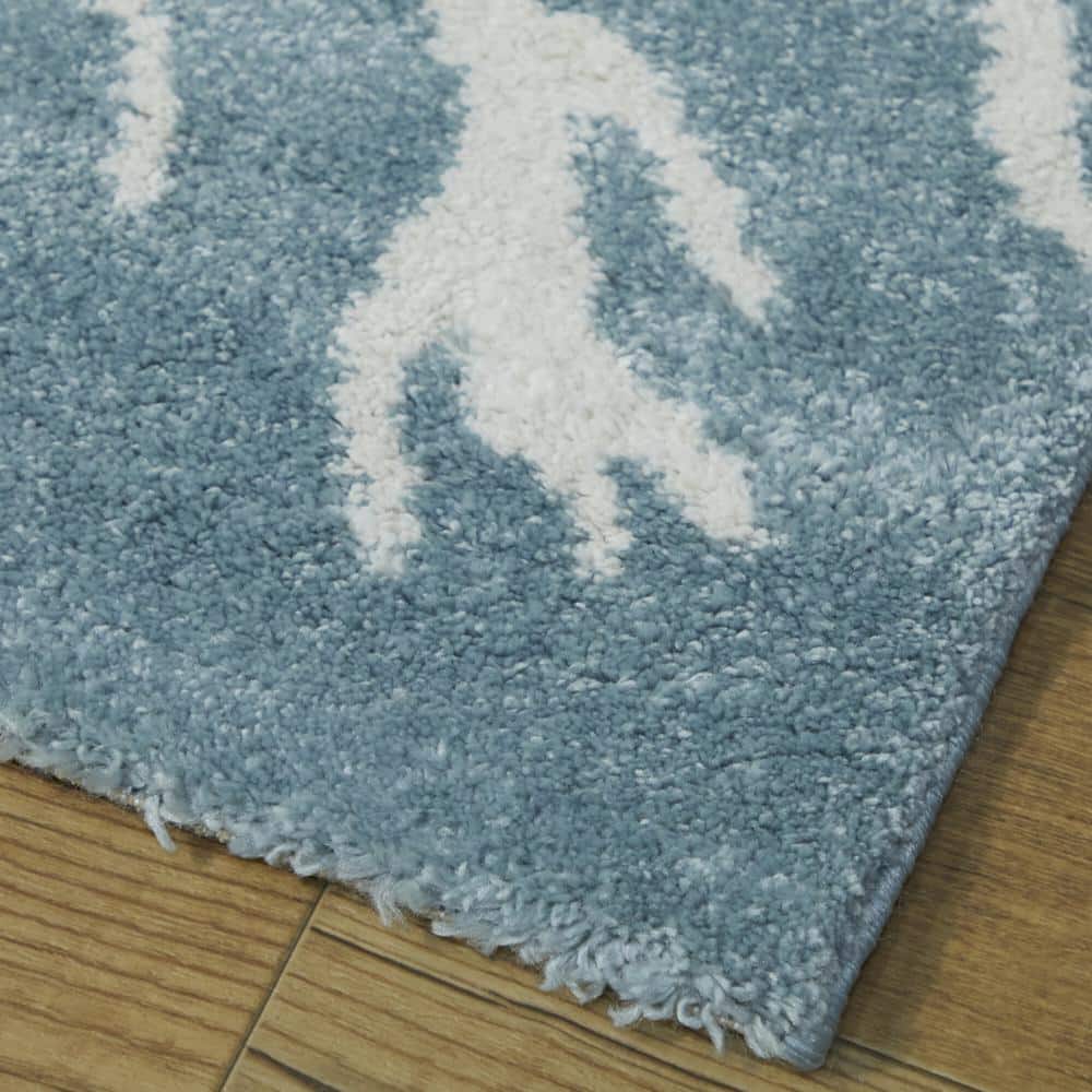 Light Blue and White Coral Print Washable Runner Rug