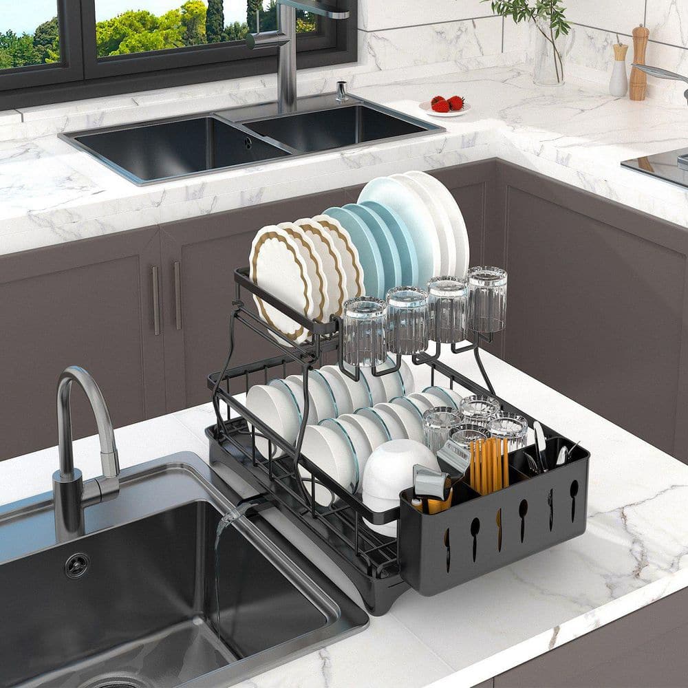 Sod Dish Rack Siavonce 2-Tier Drying Dish Rack with Drainboard, Detachable Drainer ...