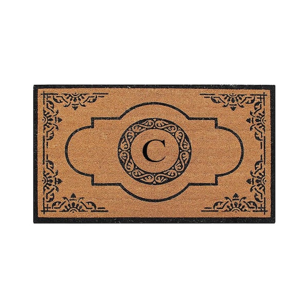 A1 Home Collections A1HC Abrilina Hand Crafted Black/Beige 36 in. x 72 in. Coir & PVC Heavy Weight Outdoor Entryway Monogrammed C Door Mat