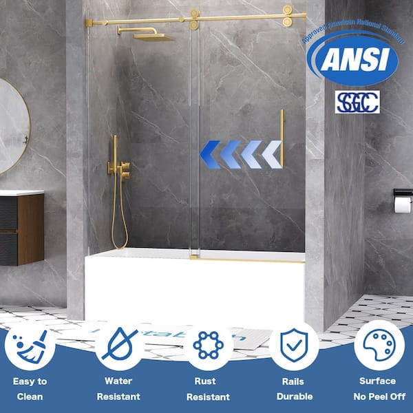 56 to 60 in. W x 66 in. H Single Sliding Frameless Tub Door in Brushed Gold with 3/8 in. Tempered Clear Glass