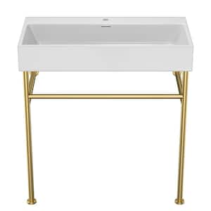 5.7 in. Ceramic Console Sink Basin in White and Gold Legs Combo with Overflow