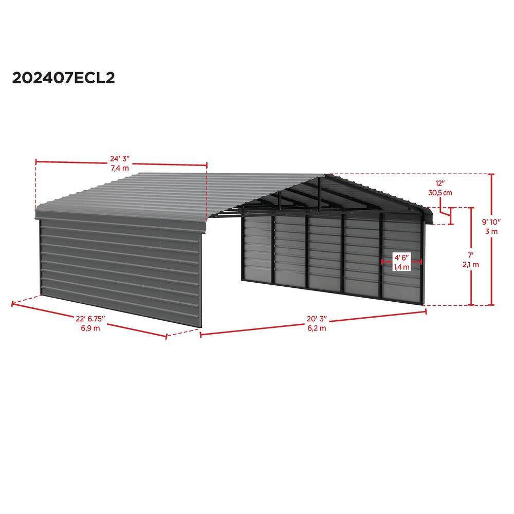 Charcoal Galvanized Steel Carport Kit with 2-Sided Enclosure