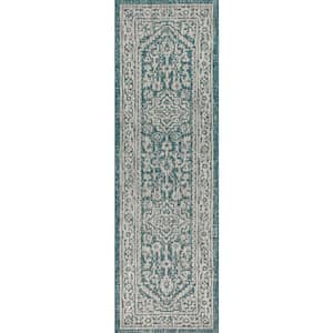 Sinjuri Teal Blue/Gray 2 ft. x 10 ft. Medallion Textured Weave Indoor/Outdoor Runner Rug