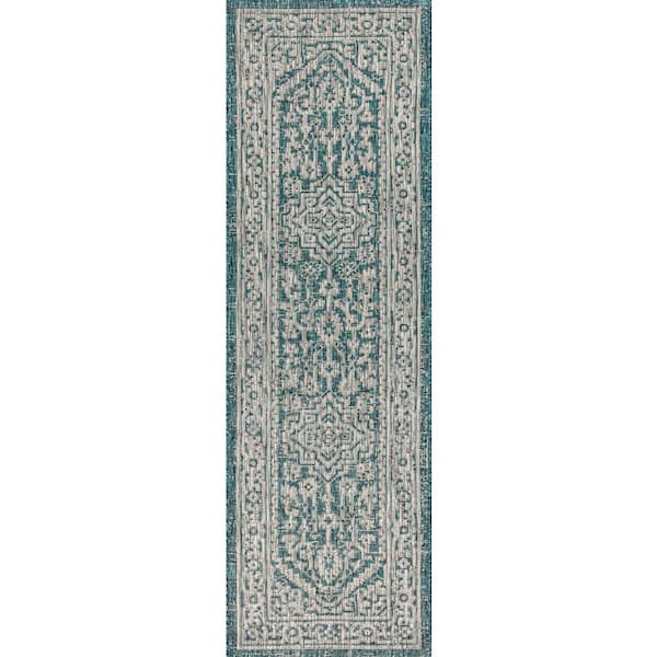 Sinjuri Teal Blue/Gray 2 ft. x 10 ft. Medallion Textured Weave Indoor/Outdoor Runner Rug