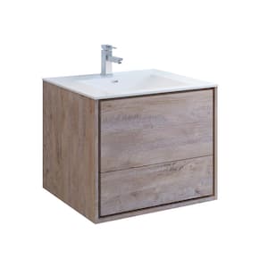 Catania 30 in. Modern Wall Hung Bath Vanity in Rustic Natural Wood with Vanity Top in White with White Basin