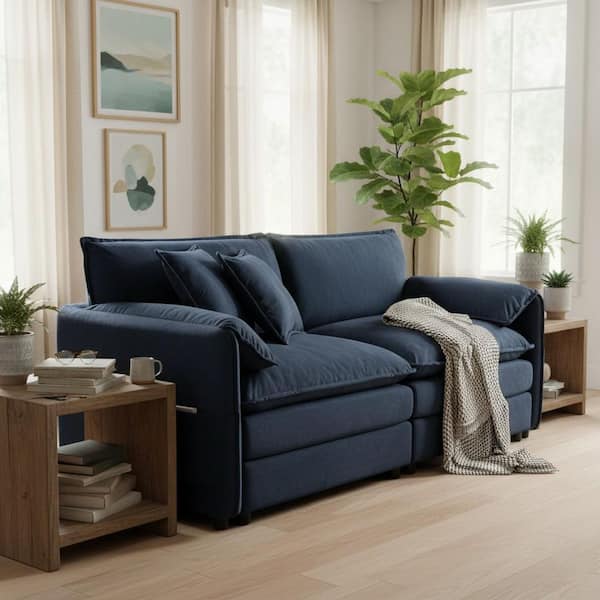 RUKIE 75 in. Wide Pillow Top Arm Chenille Modern Rectangle Sofa with Deep Cushions and Square Arms in. Midnight Blue