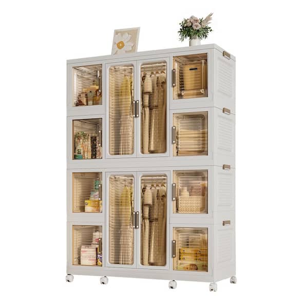 Unbranded White 60.2 in. Armoire Portable Wardrobe Closet Storage Organizer with 12 Magnetic Doors-12 Cubes & 2 Hanging Rod
