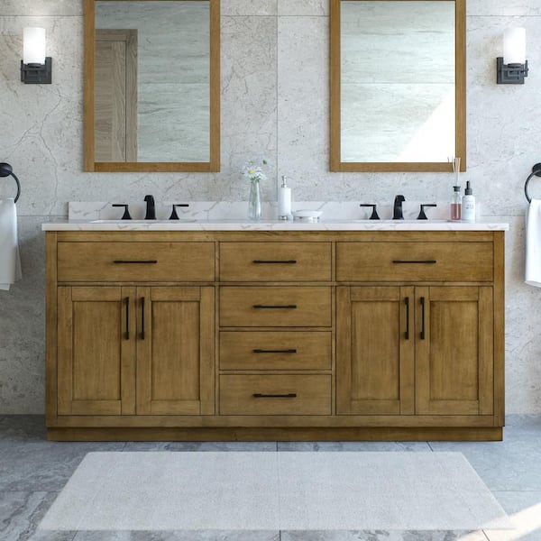 Athea 72 in. Double Sink Almond Latte Bath Vanity with White Engineered Marble Top, Power Bar and Matte Black Hardware