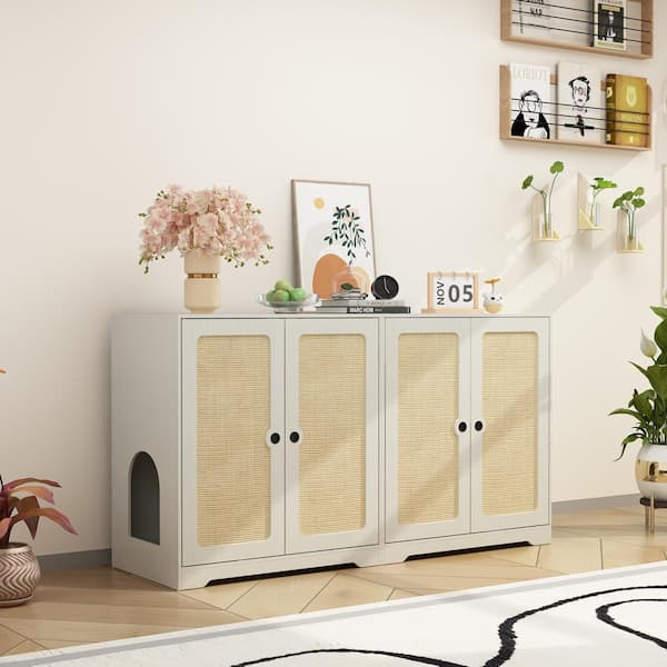 FUFU&GAGA Modern Cat Litter Box Enclosure, Indoor Hidden Litter Box Furniture Cat Washroom Storage with Lock Sisal Door for Rooms