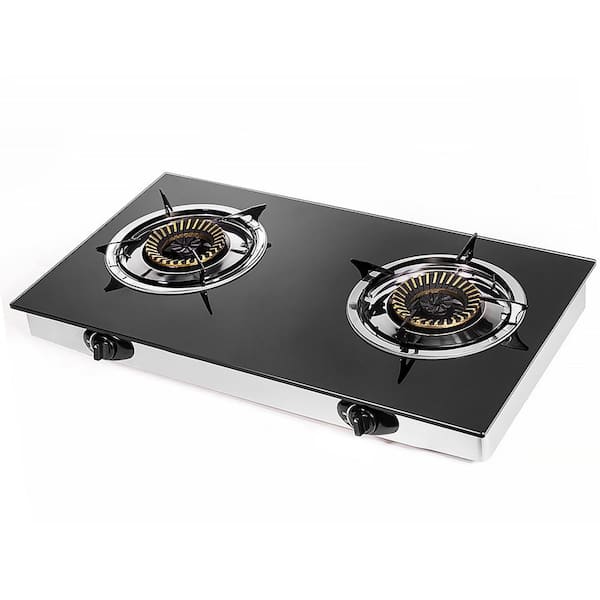 30,000 BTU Portable Propane LPG Stainless Steel Glass Cook Top Double Burner Fryer with Regulator Hose Kit