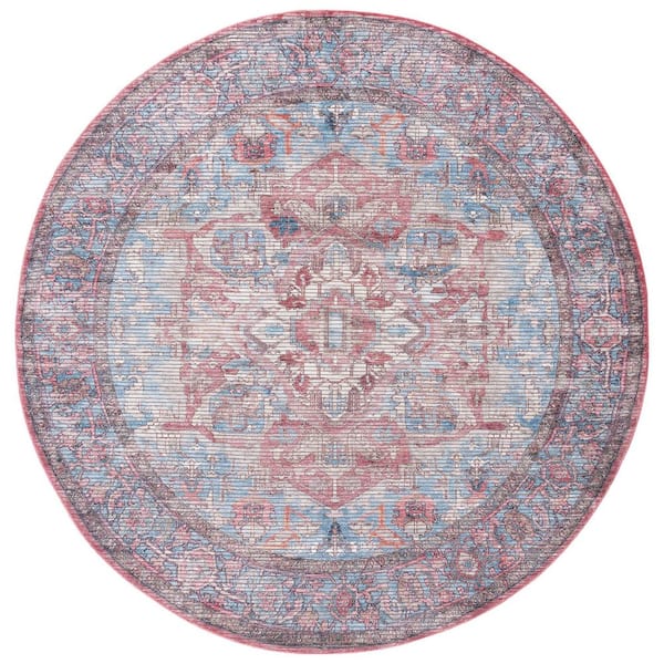 Serapi Blue/Rust 7 ft. x 7 ft. Machine Washable Border Ornate Round Area Rug