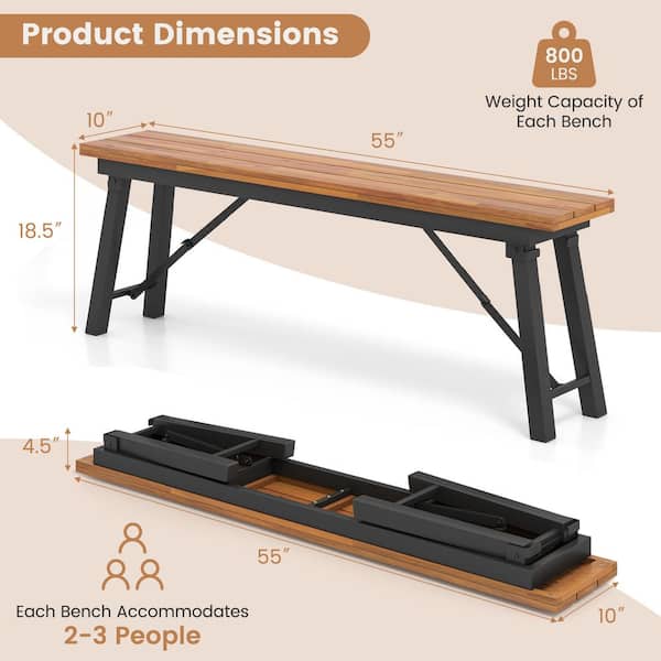 WELLFOR 52 in. Metal Folding Outdoor Picnic Bench (Set of 2