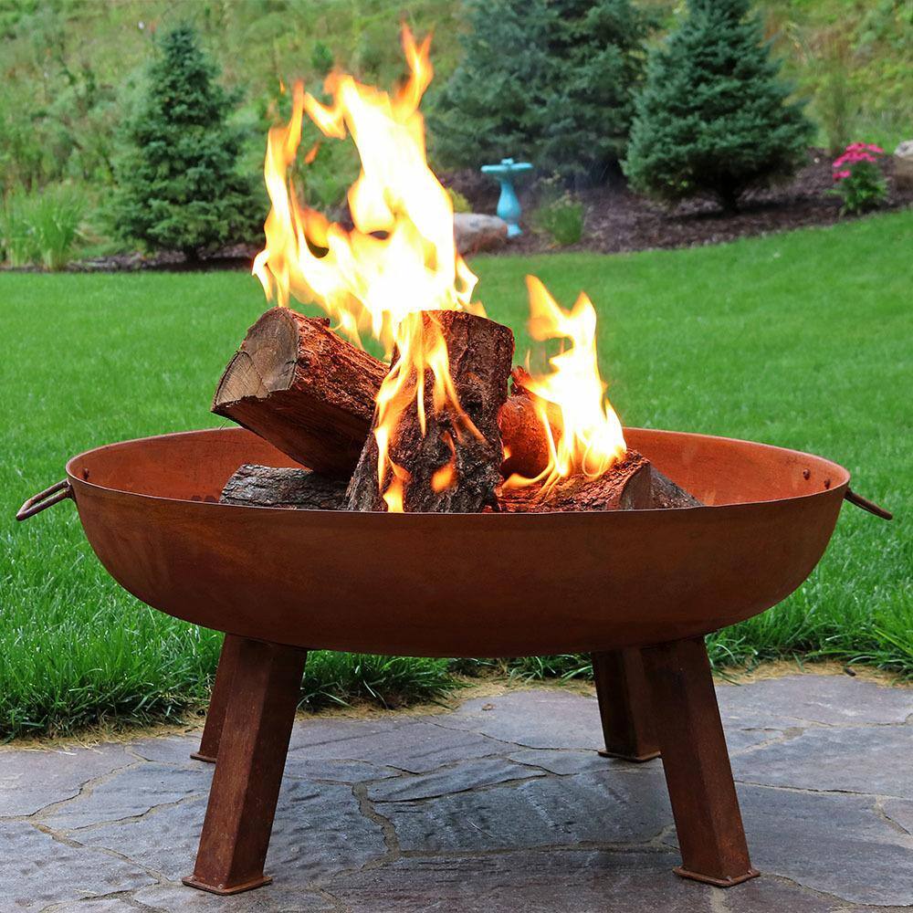 Rustic Cast Iron 34" Outdoor Wood-Burning Fire Pit Bowl with Handles