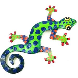 8-Painted Blue Green Green Back with Blue Tail Gecko Recycled Haitian Metal Wall Art