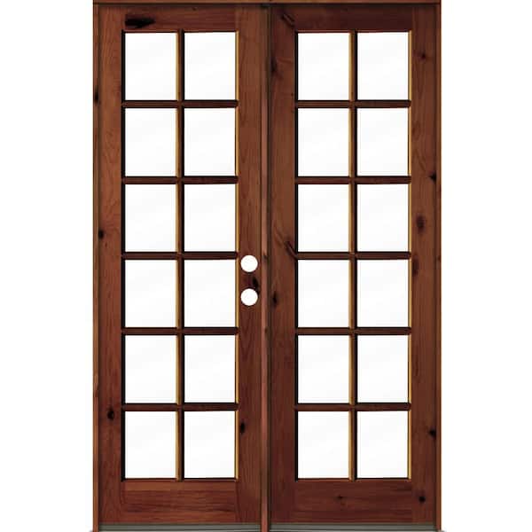 Krosswood Doors 64 in. x 96 in. French Knotty Alder Wood 12-Lite Clear Glass Red Chestnut Stain Left Active Double Prehung Front Door