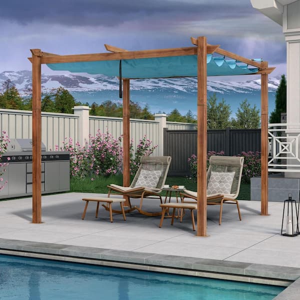 PURPLE LEAF 10 ft. x 10 ft. Natural Wood Grain Aluminum Pergola Gazebo with Blue Retractable Sunshade Canopy and Extra Top Roof