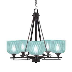 Ontario 23.25 in. 5-Light Dark Granite Geometric Chandelier for Dinning Room with Turquoise Shades No Bulbs Included