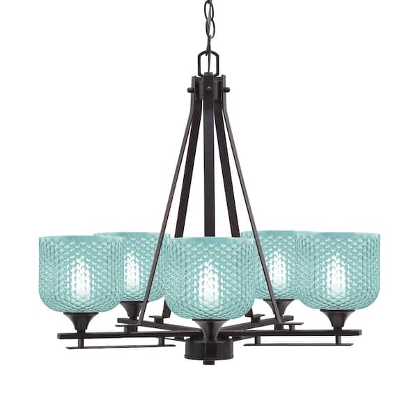 Unbranded Ontario 23.25 in. 5-Light Dark Granite Geometric Chandelier for Dinning Room with Turquoise Shades No Bulbs Included
